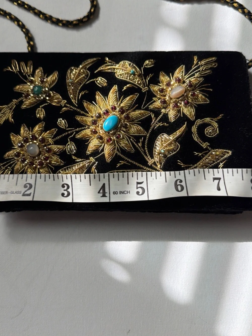 Black Velvet Evening Clutch with Gold Floral Embroidery and Gem Accents